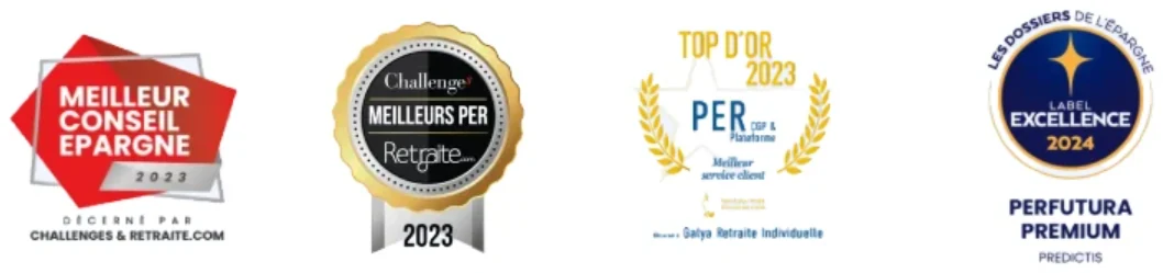 Distinctions du réseau : Meilleur Conseil Épargne 2023 (Challenges & Retraite.com), Meilleurs PER 2023 (Challenges), Top d'Or 2023 du meilleur service client PER, et Label Excellence 2024 des Dossiers de l'Épargne pour Perfutura Premium