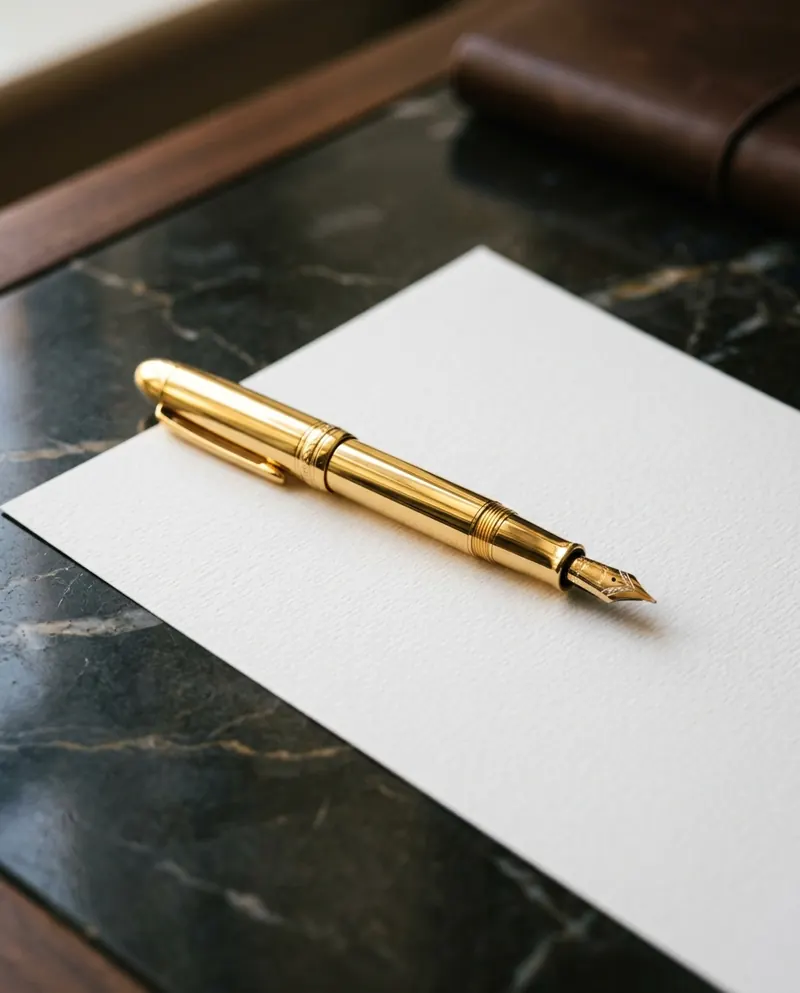 Stylo plume doré posé sur un document, signature d'un contrat d'assurance-vie