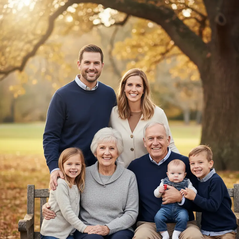 Famille multi-générationnelle réunie dans un parc, transmission de patrimoine